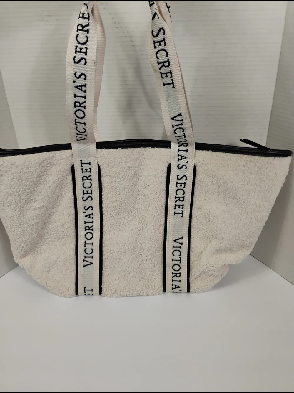 Victoria's Secret Cream Sherpa Tote with Black Trim and Logo Webbing